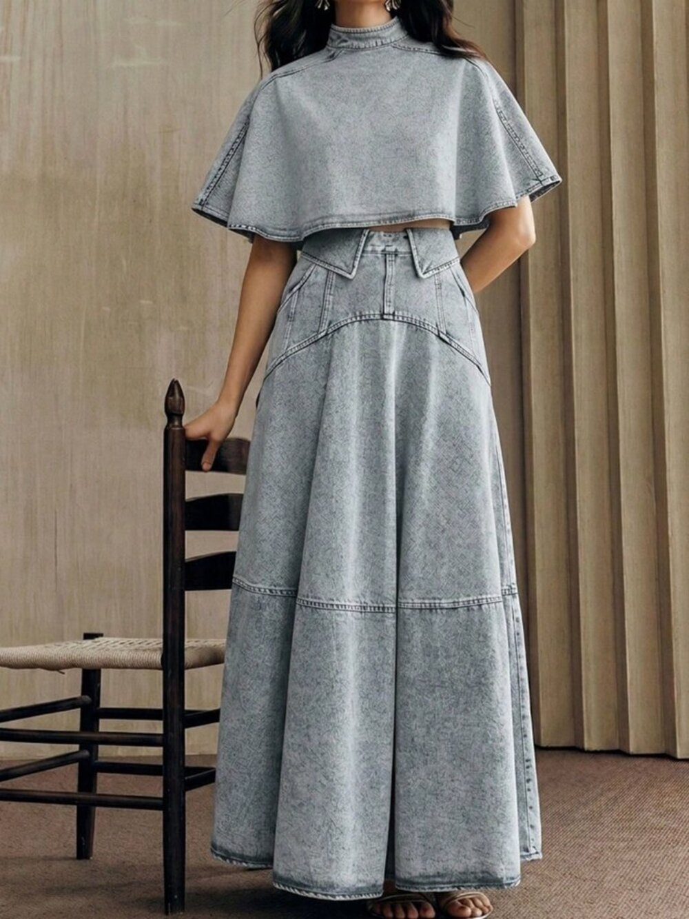 Blue Elegant Women's Peplum Hem Skirt & Short Sleeve Denim Cape Set